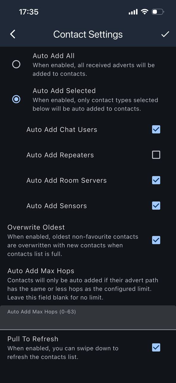 Contact Settings in der MeshCore-App: Auto Add Selected mit abgewähltem „Auto Add Repeaters"