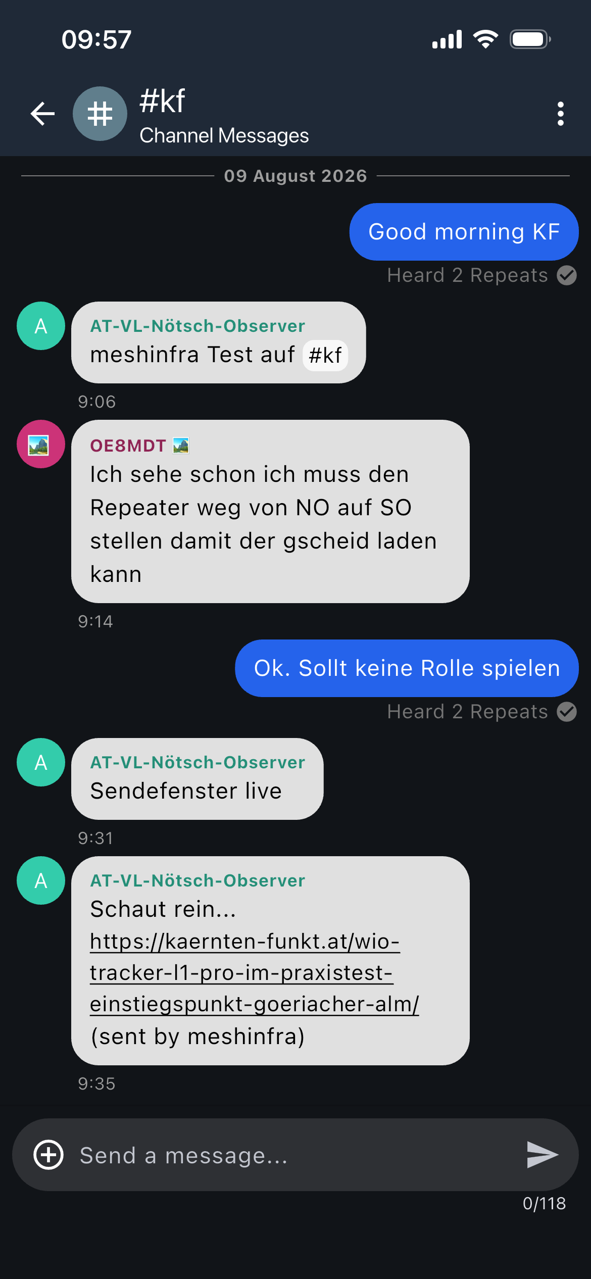 Kanalverlauf auf #kf: der Node AT-VL-Nötsch-Observer sendet Meldungen, die letzte mit dem Zusatz „(sent by meshinfra)"